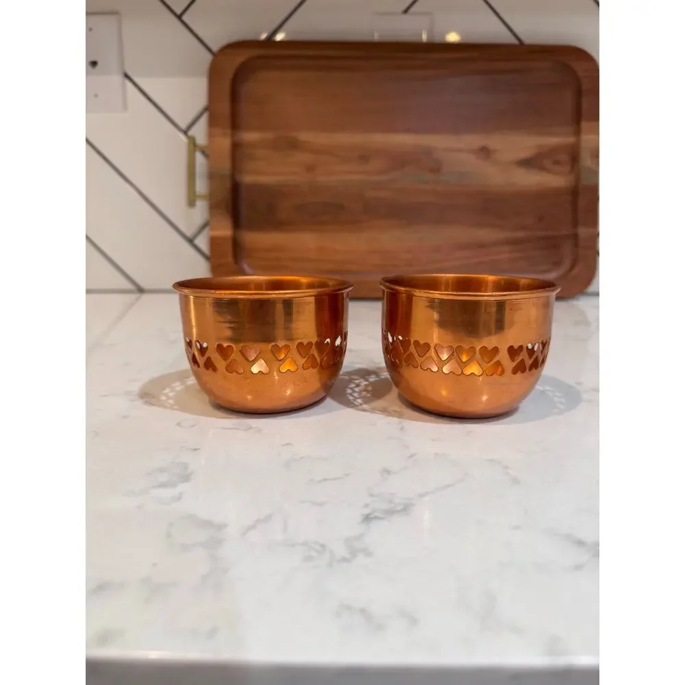 Pair of polished copper-heart cutout border 90s tea light candle holders Vintage